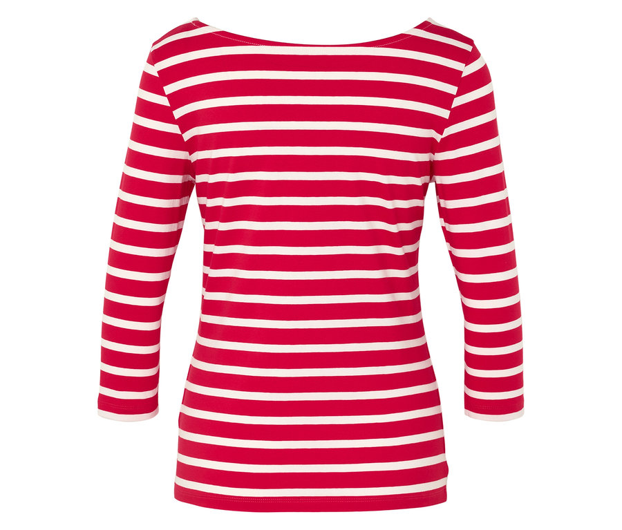 Vue arrière d'un t-shirt à rayures rouges et blanches à manches 3/4.