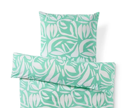 Parure de lit en renforcé verte avec motif de feuilles blanches, taille standard.