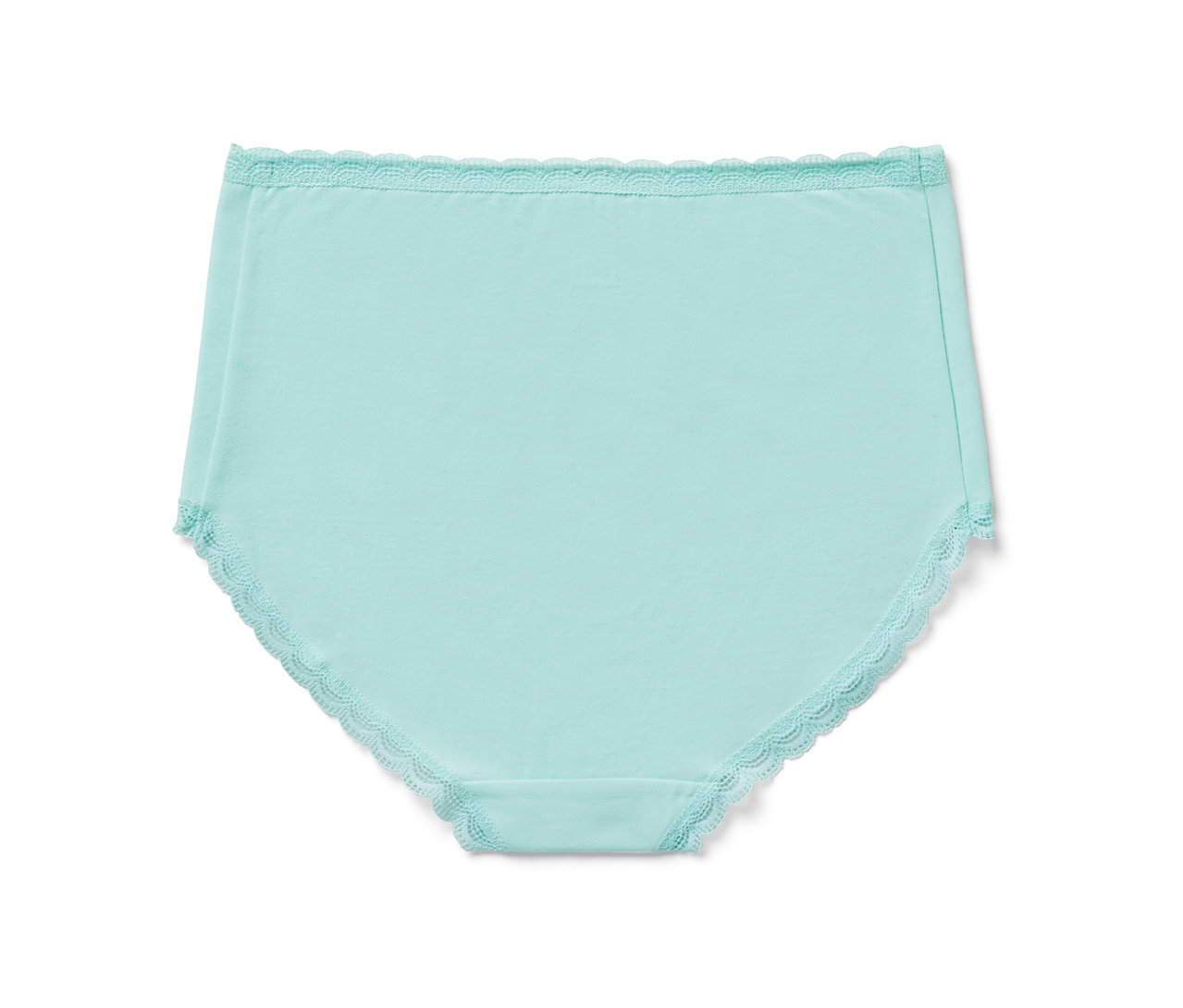 Une culotte taille haute « light-shaping » turquoise avec de la dentelle est posée sur un fond blanc.