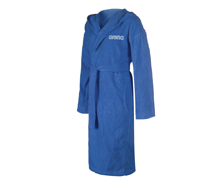 Peignoir bleu avec capuche et ceinture.