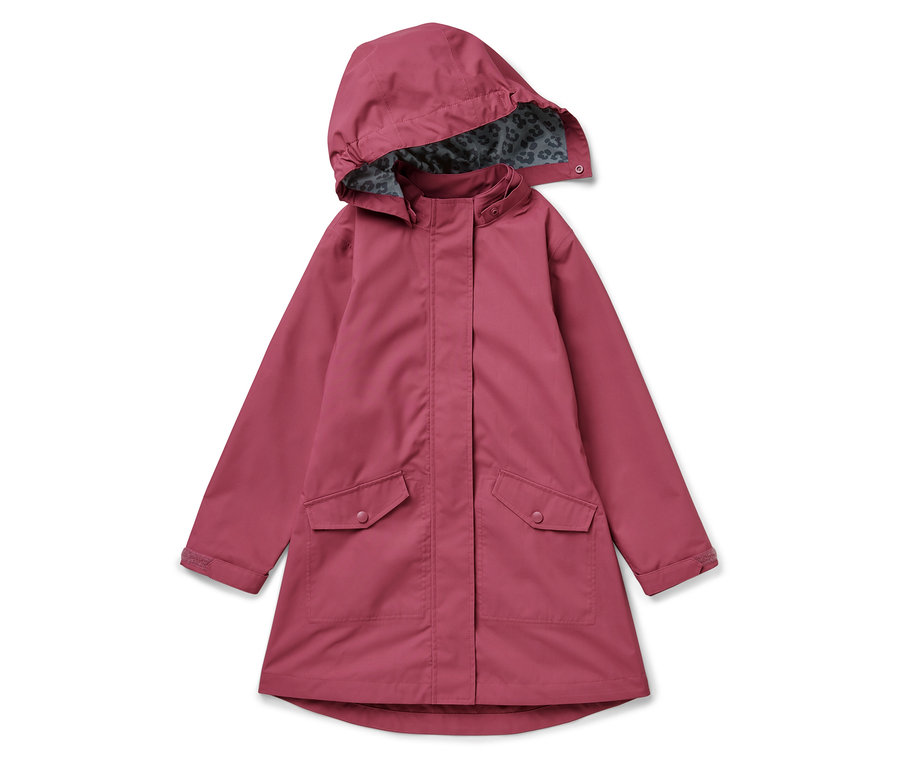 Une parka de pluie rose pour enfants avec une capuche et une doublure à imprimé animal.