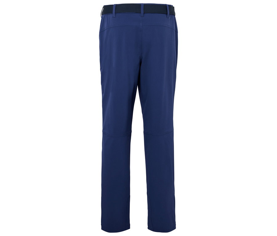 Vue arrière d'un pantalon bleu marine avec une ceinture noire.