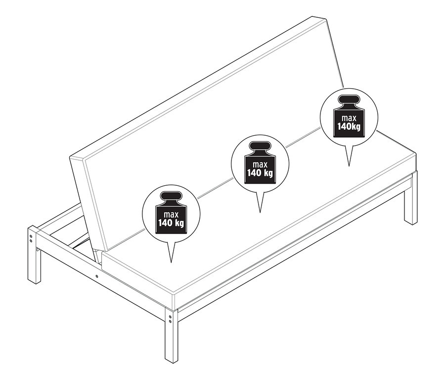 Illustration d'un banc de jardin 2 en 1 – bain de soleil double avec indication du poids.