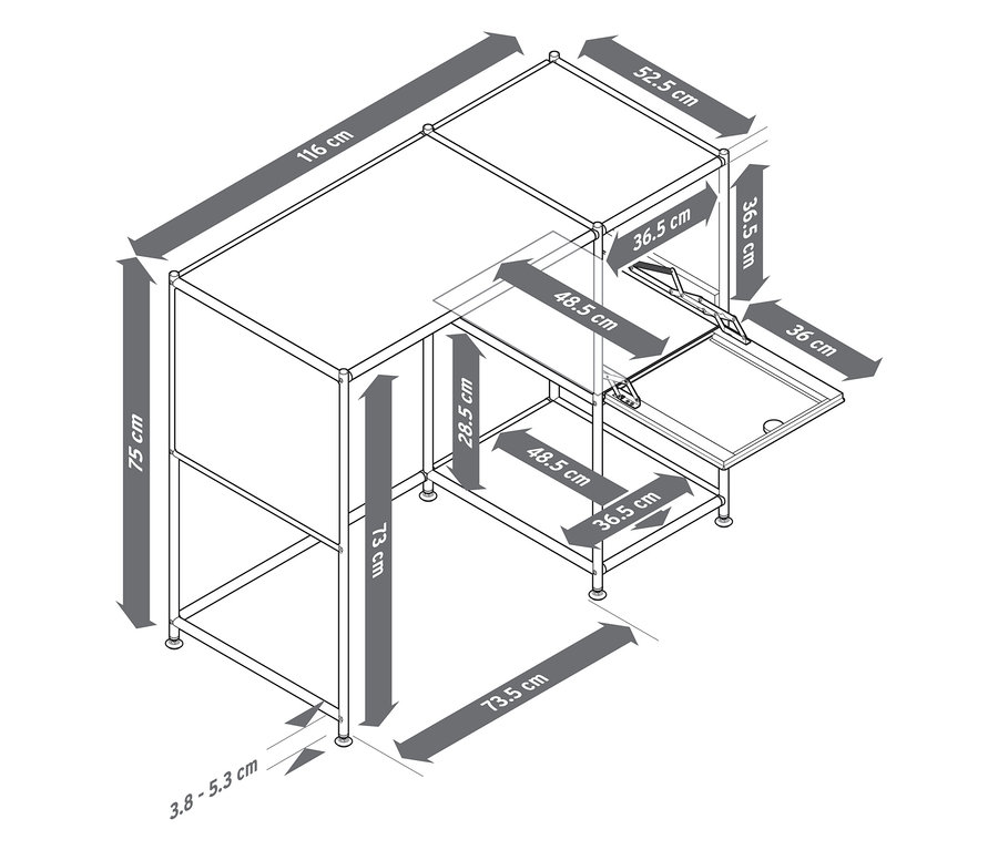 Vue de dessus d'une représentation schématique d'un bureau avec des dimensions en centimètres.