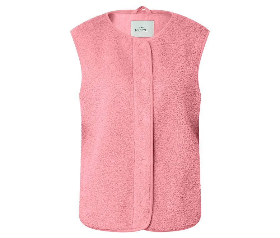 Gilet sans manches en peluche teddy rose avec boutons sur le devant.