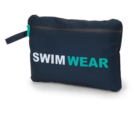 Un sac bleu marine avec le mot « SWIMWEAR » en blanc et turquoise.