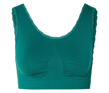 Soutien-gorge de sport vert avec bordure en dentelle à l'encolure et aux bretelles.