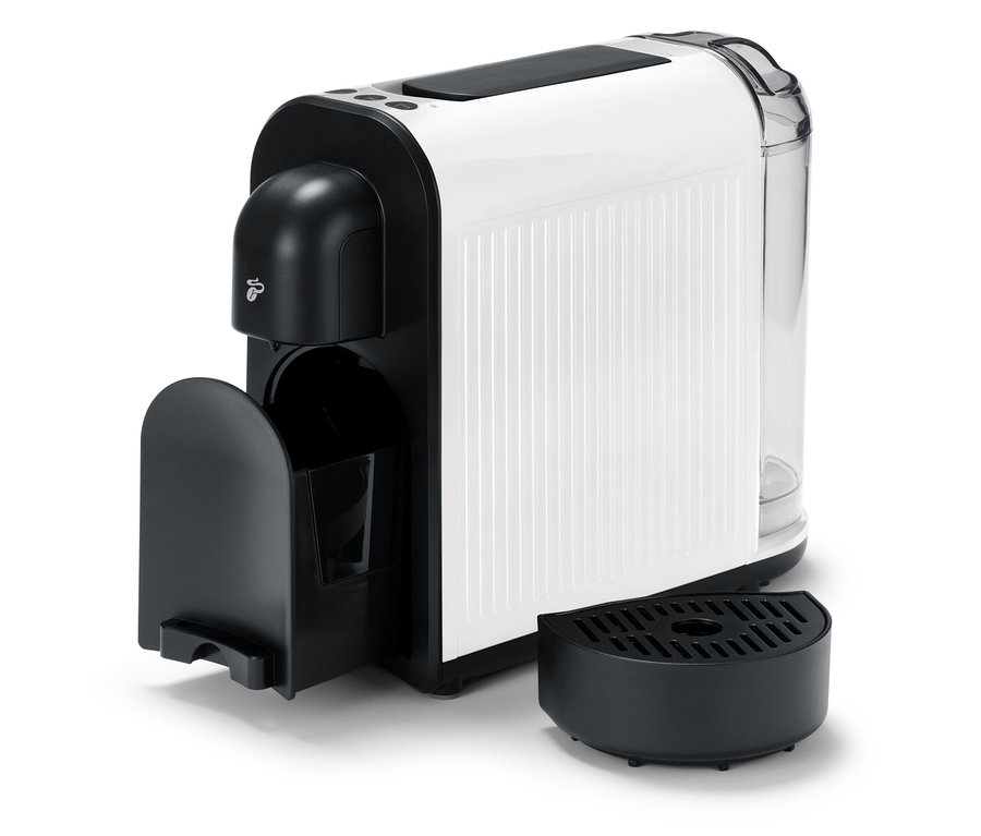 Machine à café Cafissimo now white avec bac d'égouttement et réservoir d'eau amovibles.