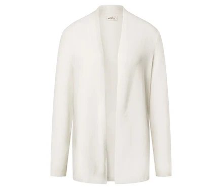 Un cardigan blanc ouvert à manches longues est posé à plat.