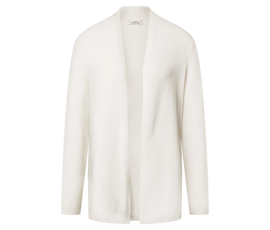 Un cardigan blanc ouvert à manches longues est posé à plat.