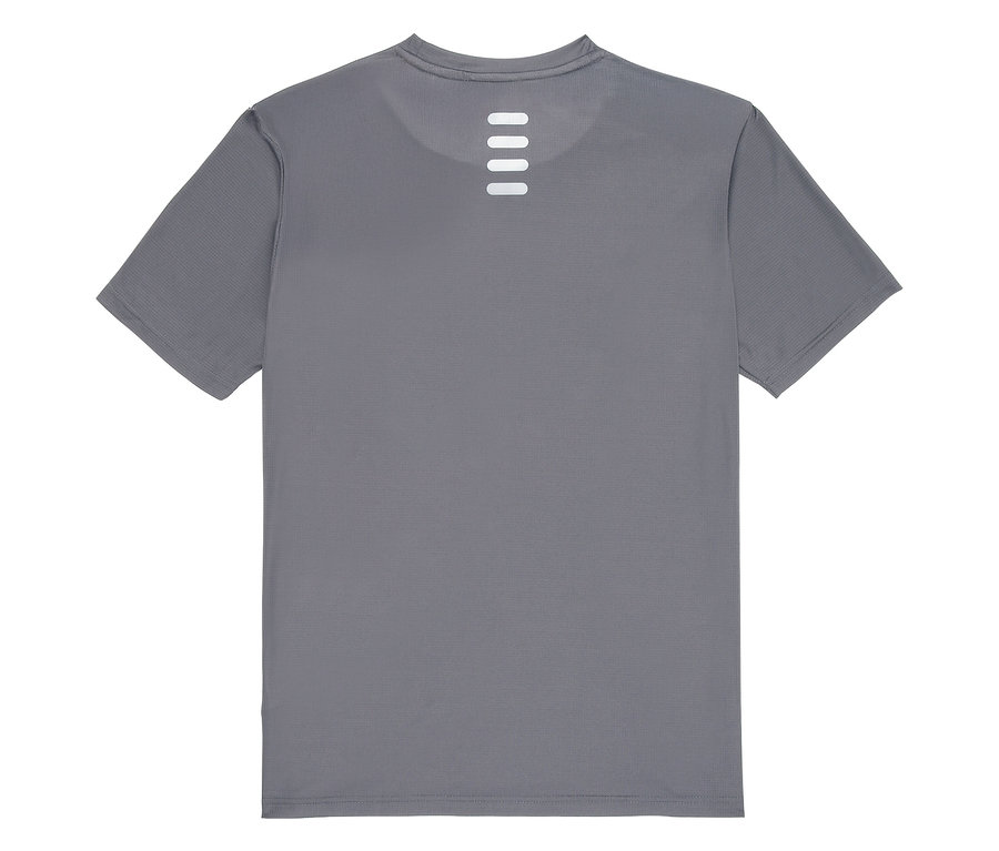 T-shirt de sport FILA gris pour homme, vue de dos, avec quatre bandes horizontales blanches sous le cou.