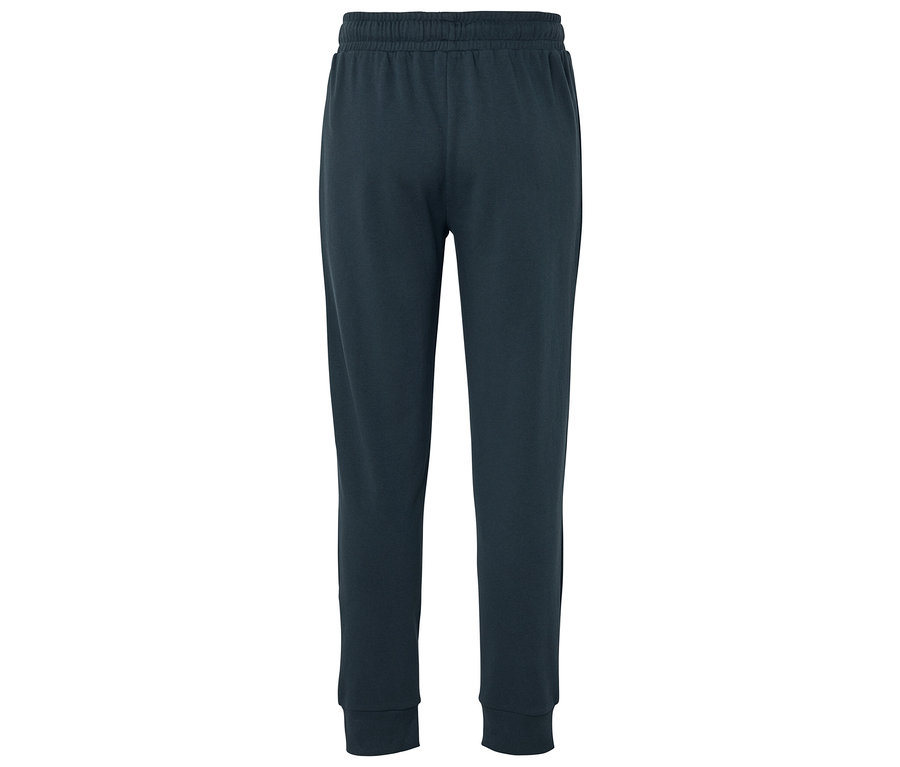 Pantalon de jogging long bleu foncé avec cordon de serrage à la taille et chevilles élastiquées.