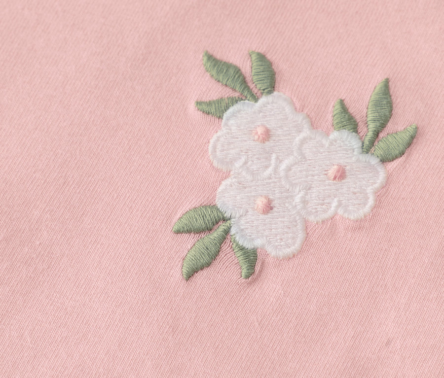 Gros plan sur trois fleurs blanches brodées avec des feuilles vertes sur un tissu rose.
