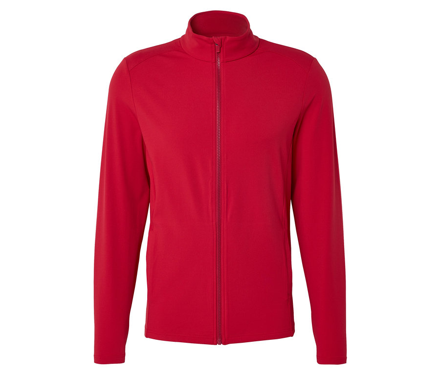 Veste rouge avec fermeture éclair intégrale.