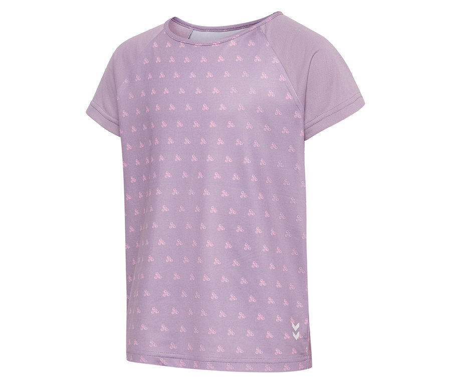 Gros plan sur le t-shirt violet hummel® HMLJR Mix avec un petit motif intégral.