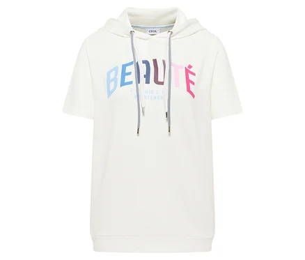 T-shirt à capuche CECIL blanc à manches courtes, avec cordons rayés et imprimé coloré 'BEAUTÉ' et 'L'AVENIR C'EST MAINTENANT' sur le devant.