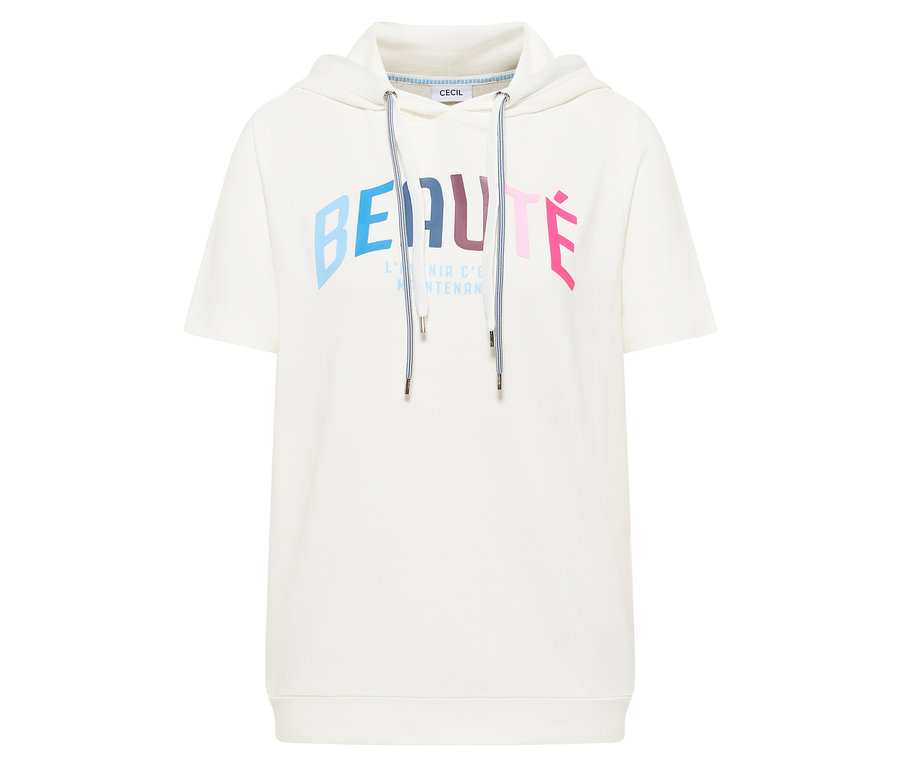 Le t-shirt à capuche CECIL est blanc, à manches courtes et avec un imprimé coloré "BEAUTÉ".