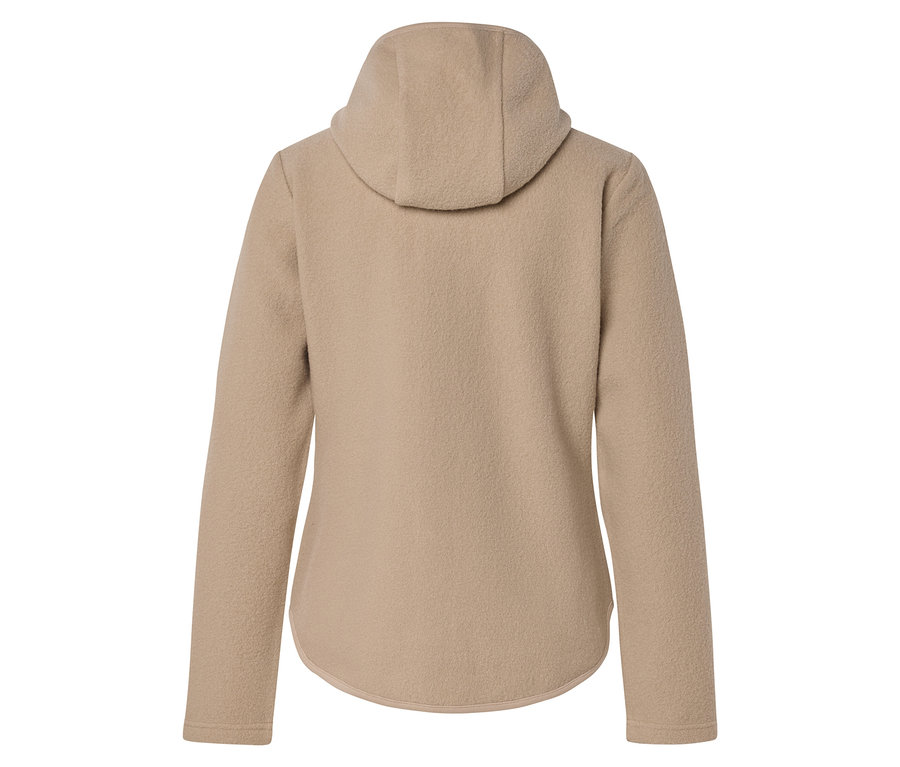 Vue de dos d'une veste polaire beige à capuche, avec des manches longues et un ourlet incurvé.