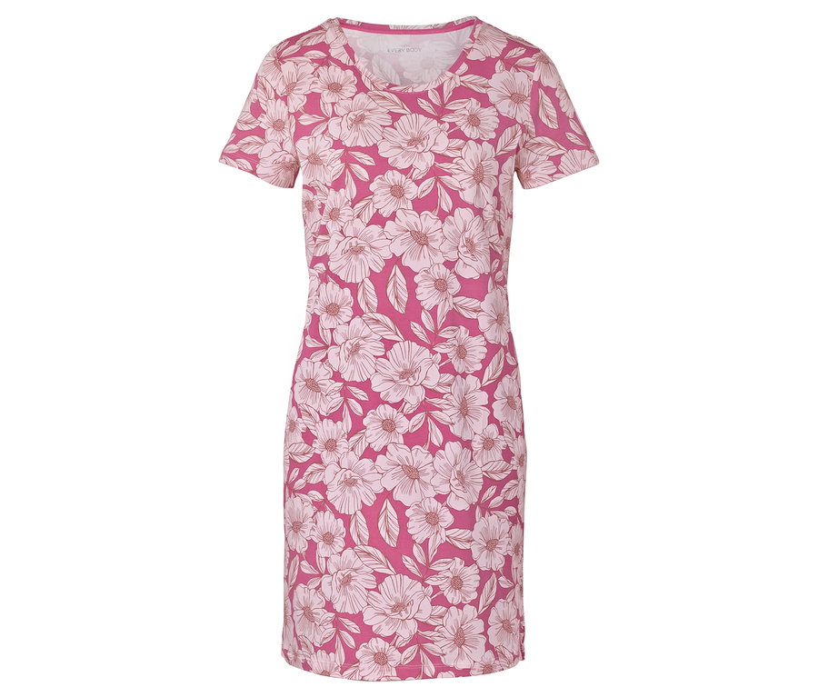 Une robe rose à manches courtes avec un motif floral blanc.
