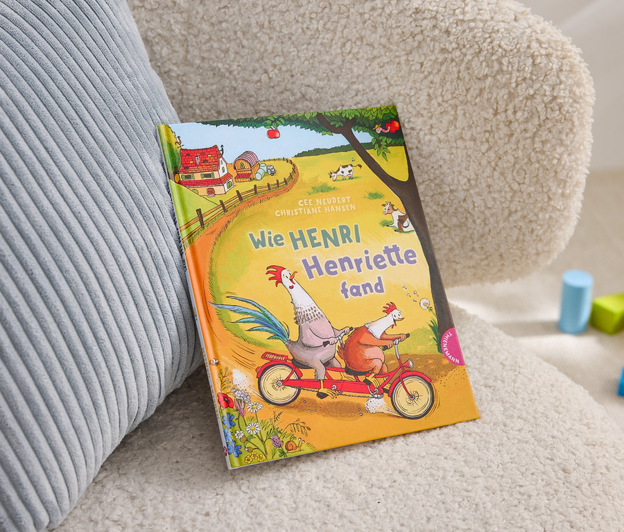 Le livre pour enfants "Comment Henri a trouvé Henriette" est posé sur un fauteuil à côté d'un coussin gris et de blocs de construction.