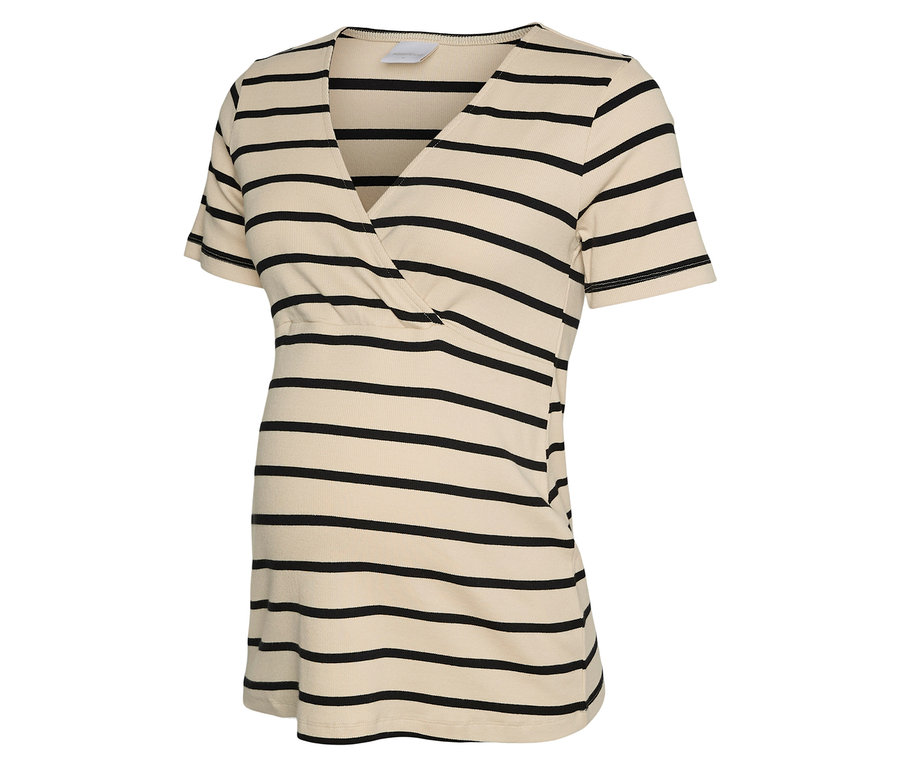 Haut de grossesse rayé beige et noir avec col en V.