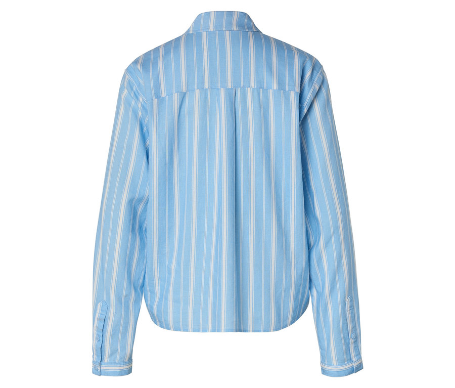 Vue arrière d'une chemise à manches longues rayée bleu clair et blanc.
