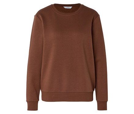 Un sweatshirt couleur cognac avec un col rond, des manches longues et des poignets côtelés.