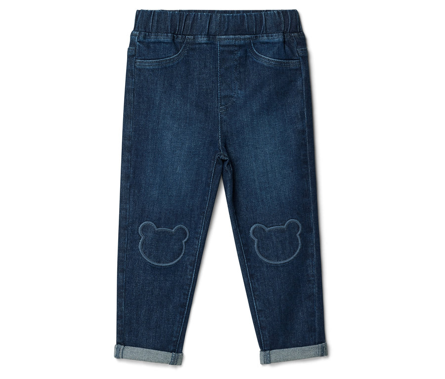 Pantalon à enfiler pour enfant – Coupe « Luca » de couleur bleu foncé, avec taille élastique, poches, patchs ours aux genoux et ourlets retroussés.