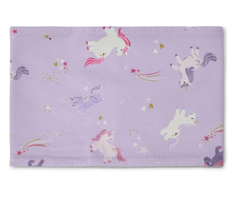 Tissu violet avec motifs de licornes, d'étoiles et de cœurs.