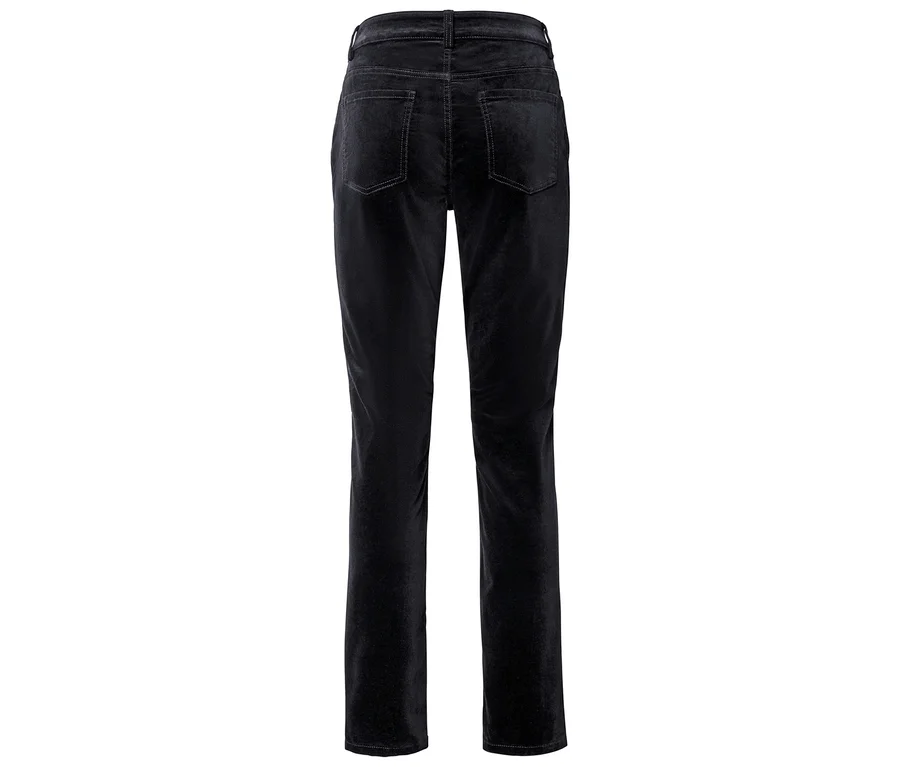 Vue arrière d'un pantalon en velours côtelé noir avec des jambes droites et deux poches arrière.