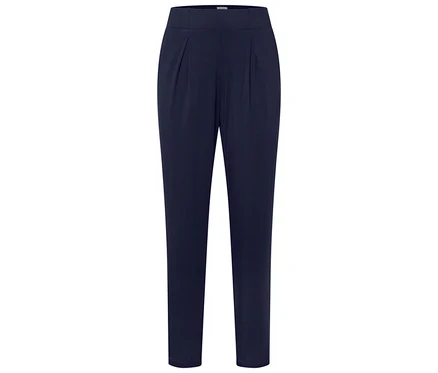 Pantalon en tissu bleu marine avec plis.