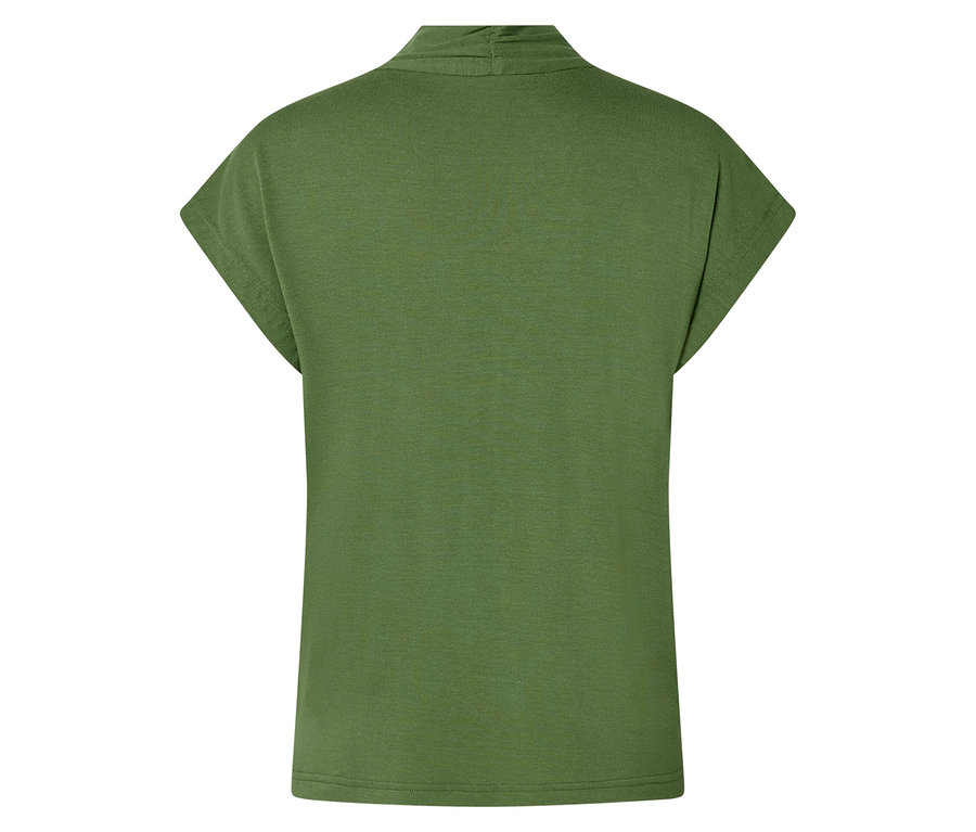 Vue arrière d'un t-shirt vert olive avec un col cascade.