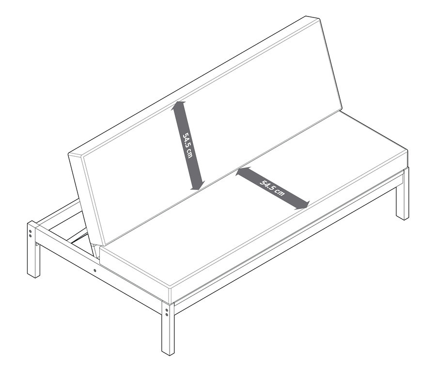 Banc de jardin 2 en 1 – double bain de soleil en position semi-allongée avec dimensions indiquées.