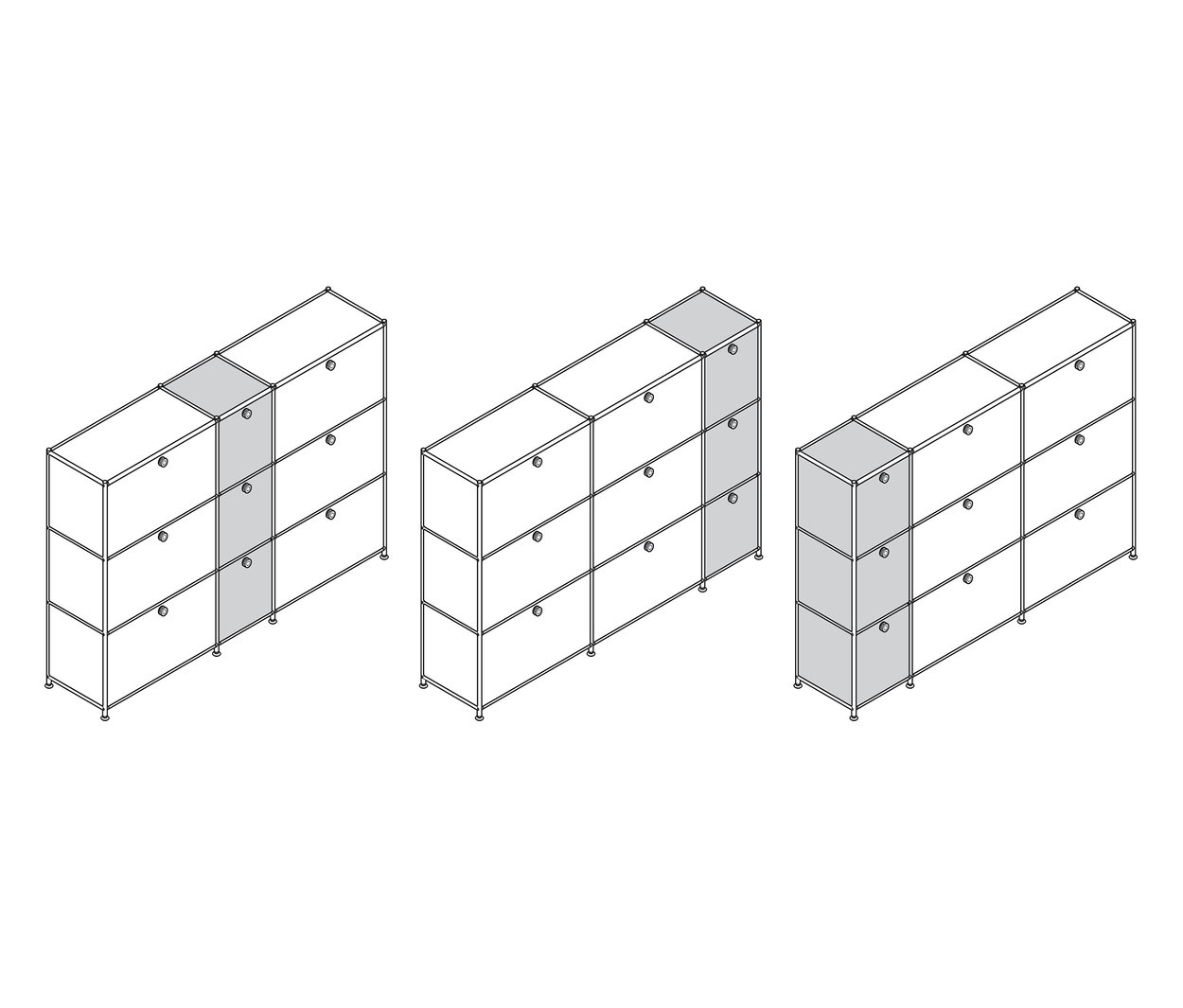 Trois commodes « CN3 » avec 9 abattants chacune, une grise, une blanche et une noire.