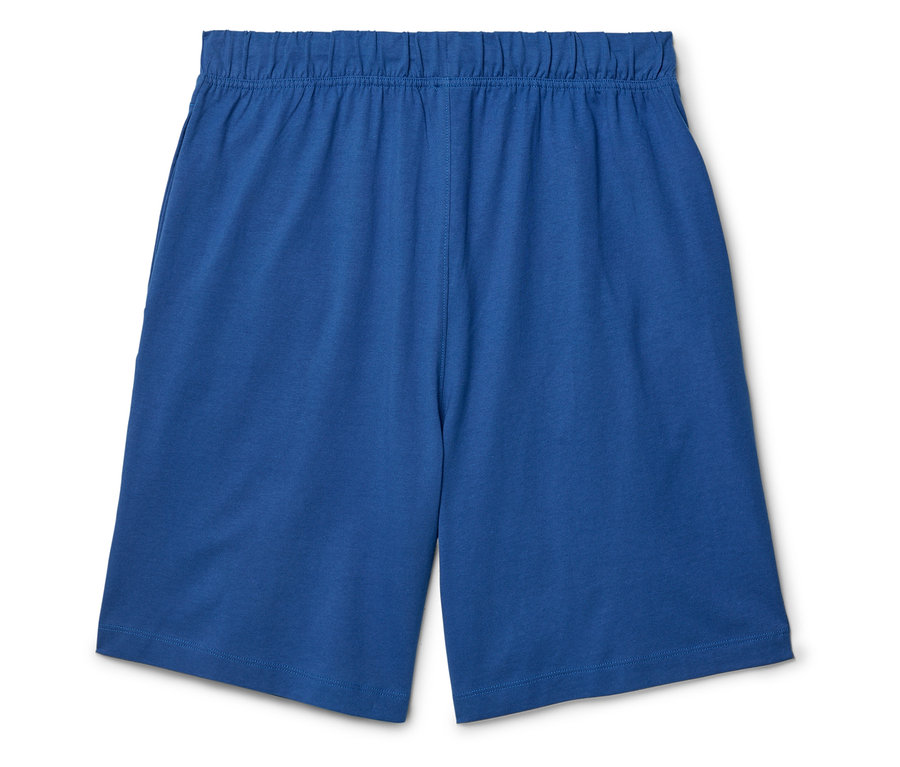 Un short bleu avec une taille élastique posé sur un fond blanc.