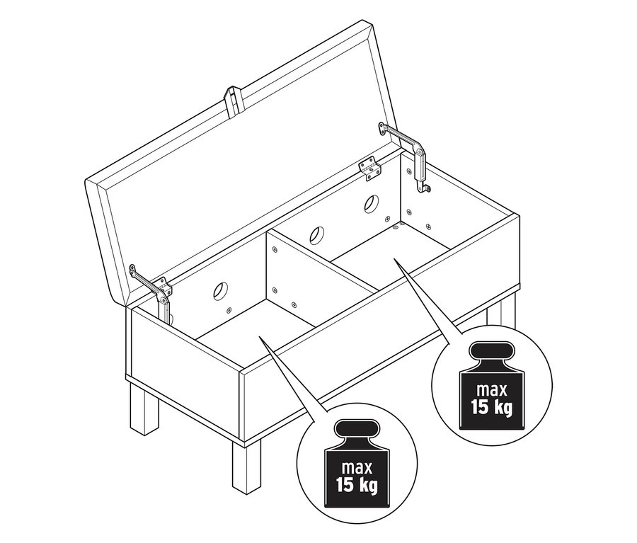 Banc de rangement pour enfants « Leira » ouvert avec couvercle rembourré, intérieur avec deux compartiments. Capacité de charge maximale de 15 kg par compartiment.