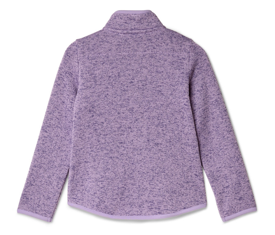 Vue arrière d'un pull en polaire chiné violet avec un col montant et des manches longues.