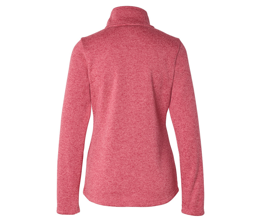 Vue arrière d'une veste polaire chinée rouge avec un col montant et des manches longues.