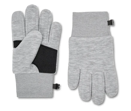 Une paire de gants gris, le gant gauche avec la paume vers le haut et le gant droit avec la paume vers le bas.
