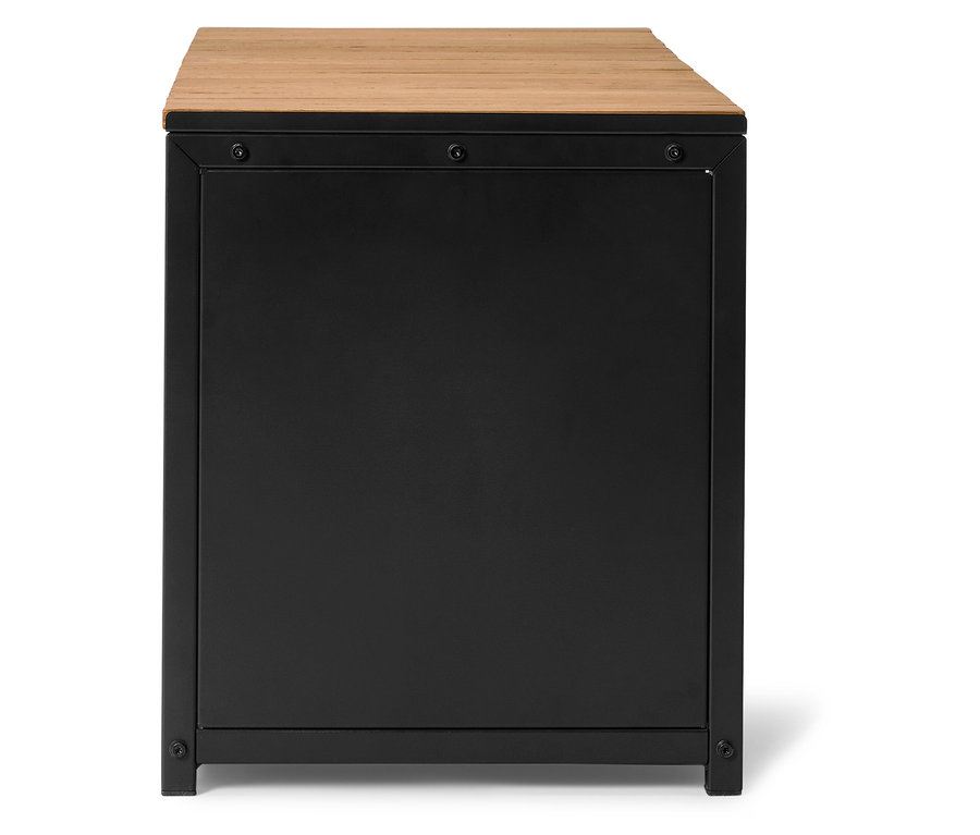 Buffet noir avec plateau en bois et cadre en métal.