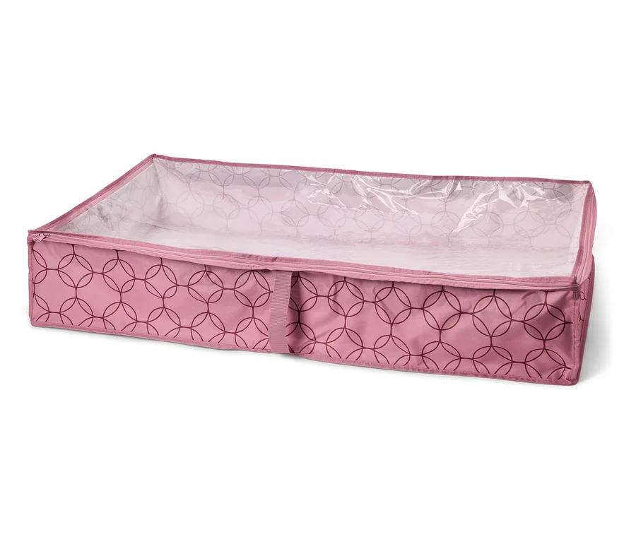 On voit une boîte de rangement rectangulaire rose avec une fermeture éclair et un motif circulaire.