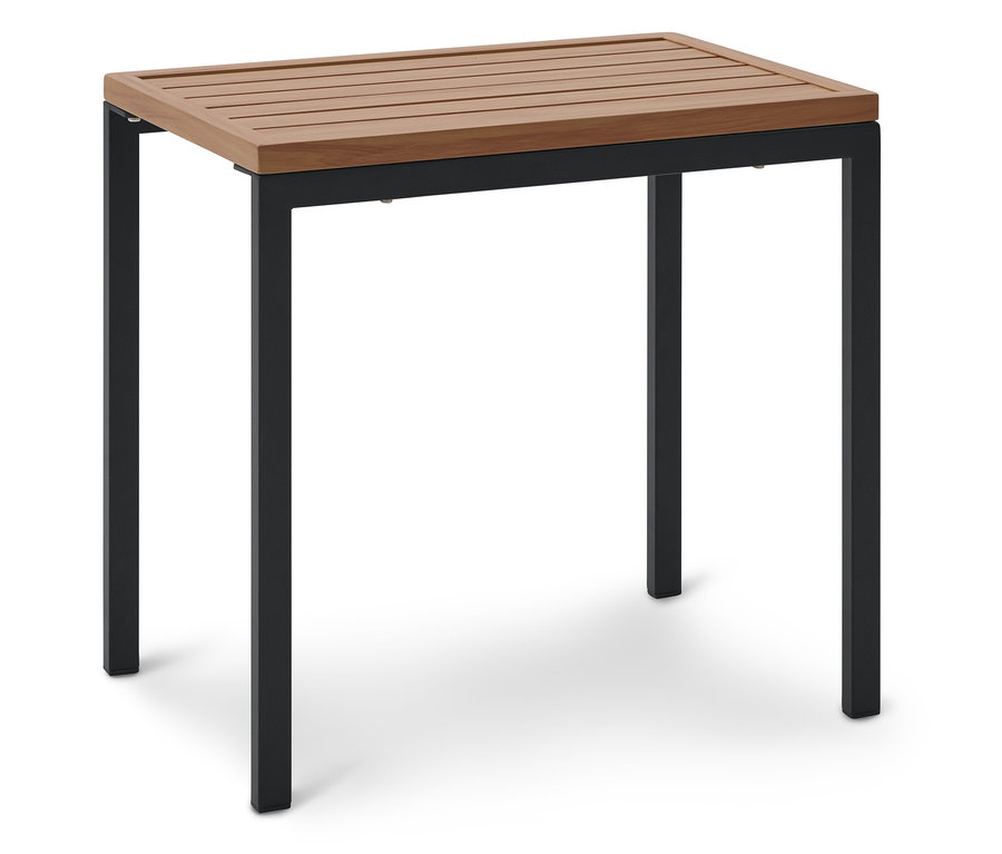 Une table rectangulaire avec un plateau en bois marron clair et un cadre en métal noir se dresse sur un fond blanc.