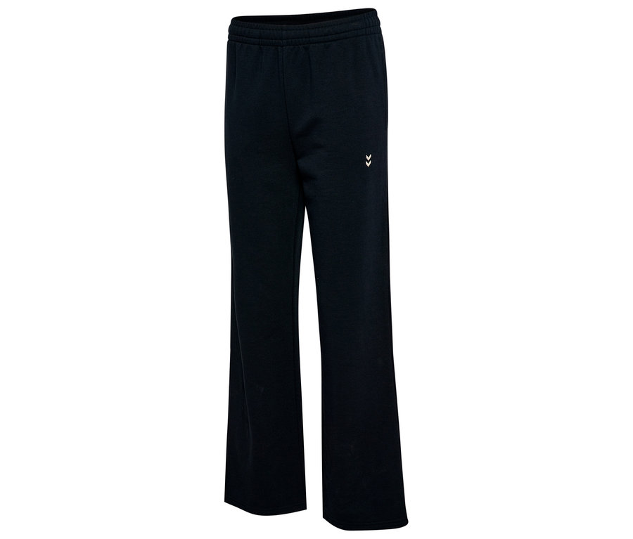 Gros plan sur un pantalon de survêtement HUMMEL noir pour femme, avec un logo sur la jambe.