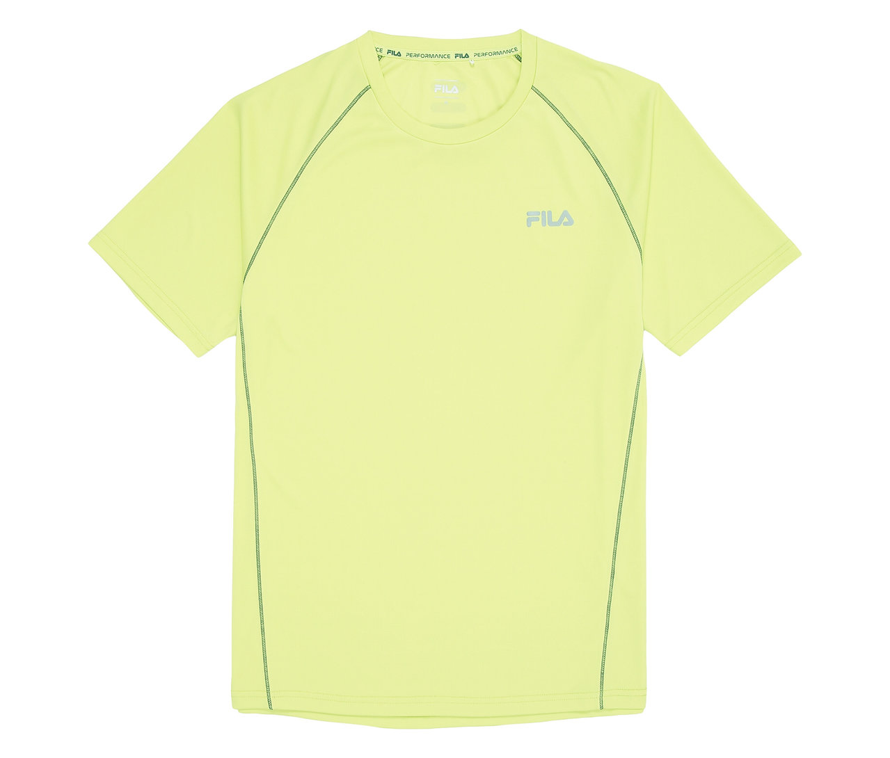 T-shirt technique pour homme FILA jaune à manches courtes et coutures vertes.