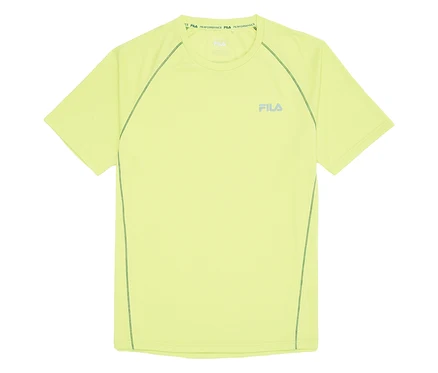 T-shirt technique pour homme FILA jaune à manches courtes et coutures vertes.
