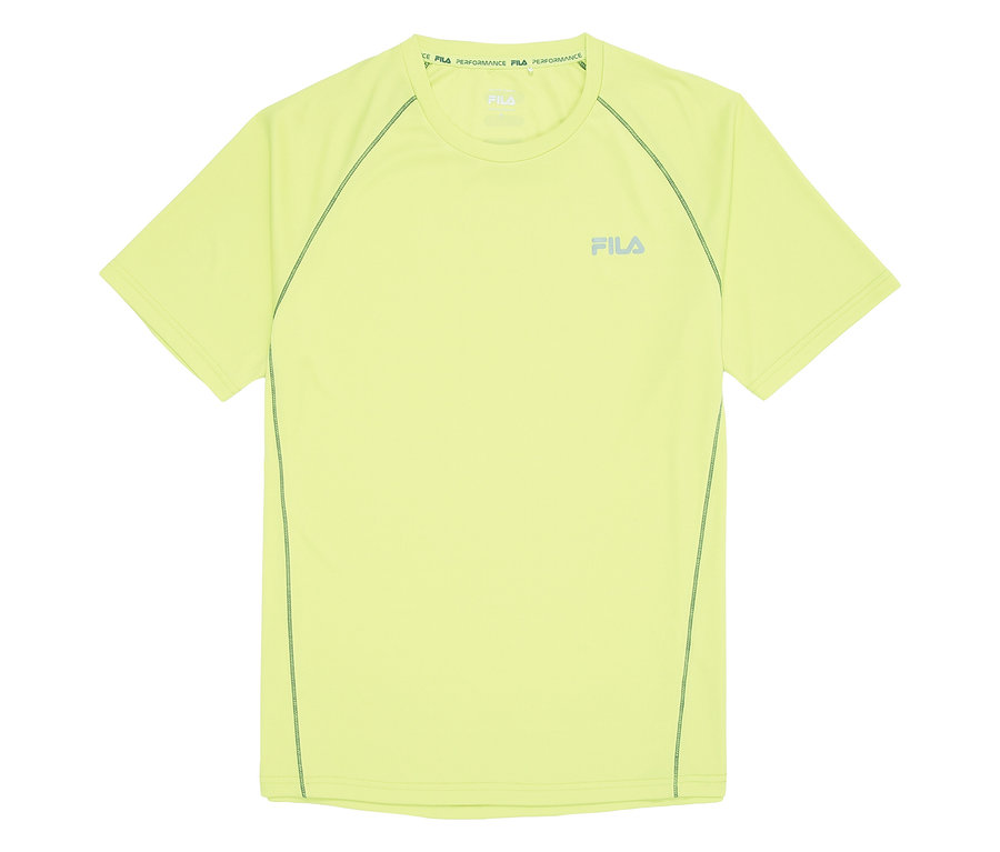 T-shirt technique pour homme FILA jaune à manches courtes et coutures vertes.