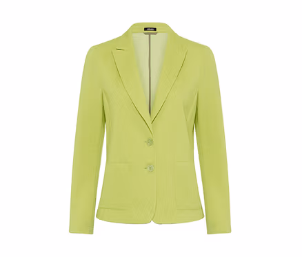 Blazer vert citron avec deux boutons, deux poches avant et une doublure rayée.