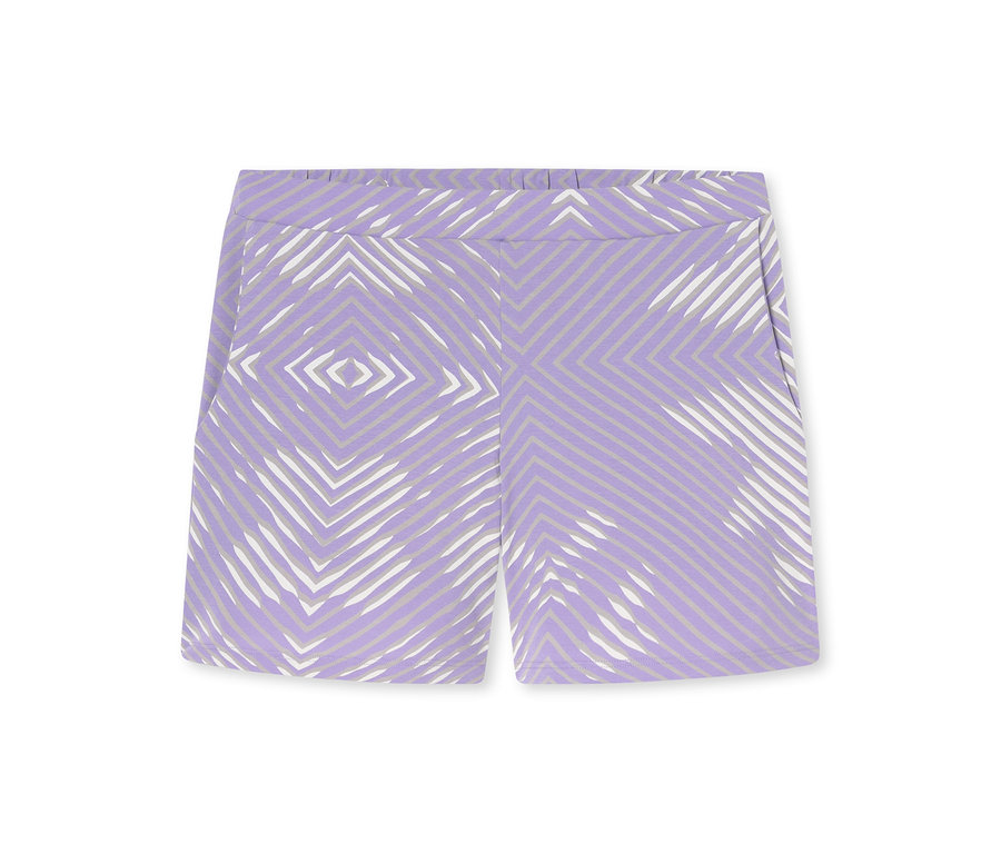 Short violet avec un motif géométrique de lignes blanches et gris clair, doté de poches latérales.