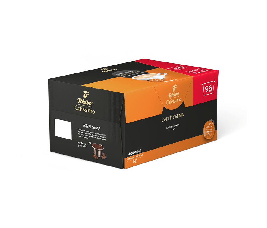 Boîte noire et orange de 96 capsules de café Tchibo Cafissimo Caffè Crema vollmundig (intense).