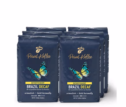 Six paquets de grains de café Privat Kaffee Brazil Decaf.